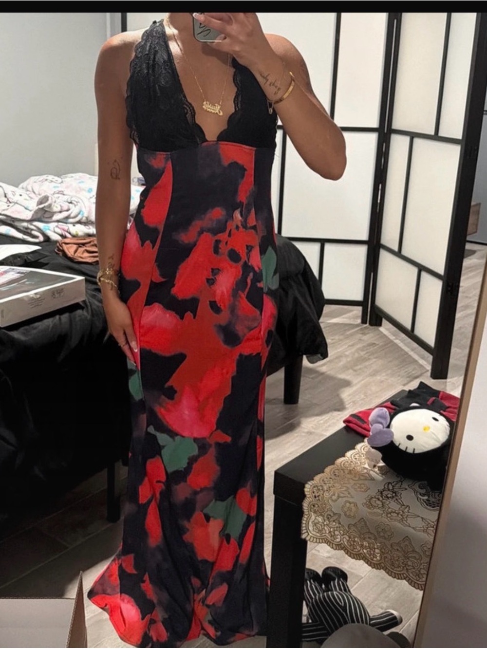 Amazon Black Lace Halter Maxi Dress with Red and Green Abstract Print